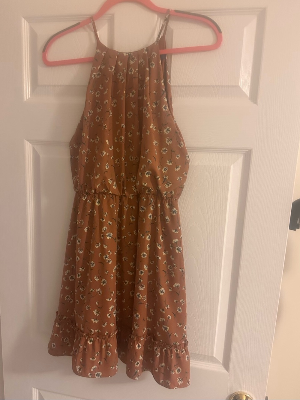 Blue Rain Floral Halter Mini Dress Women’s Medium Brown White Boho Ruffle